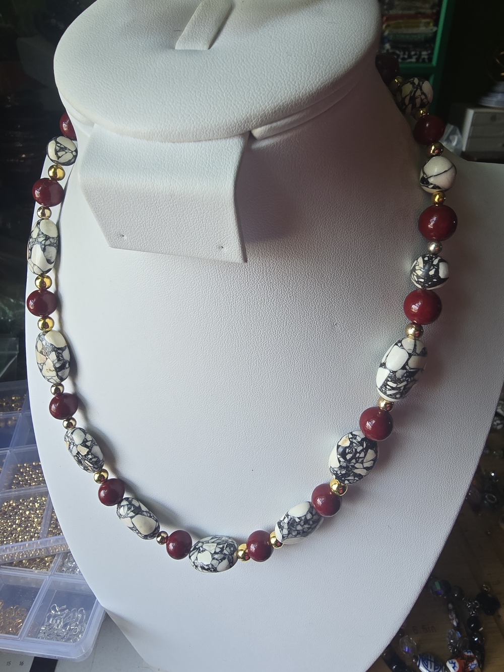 Red and Black Marble Bead Necklace - Women Jewelry